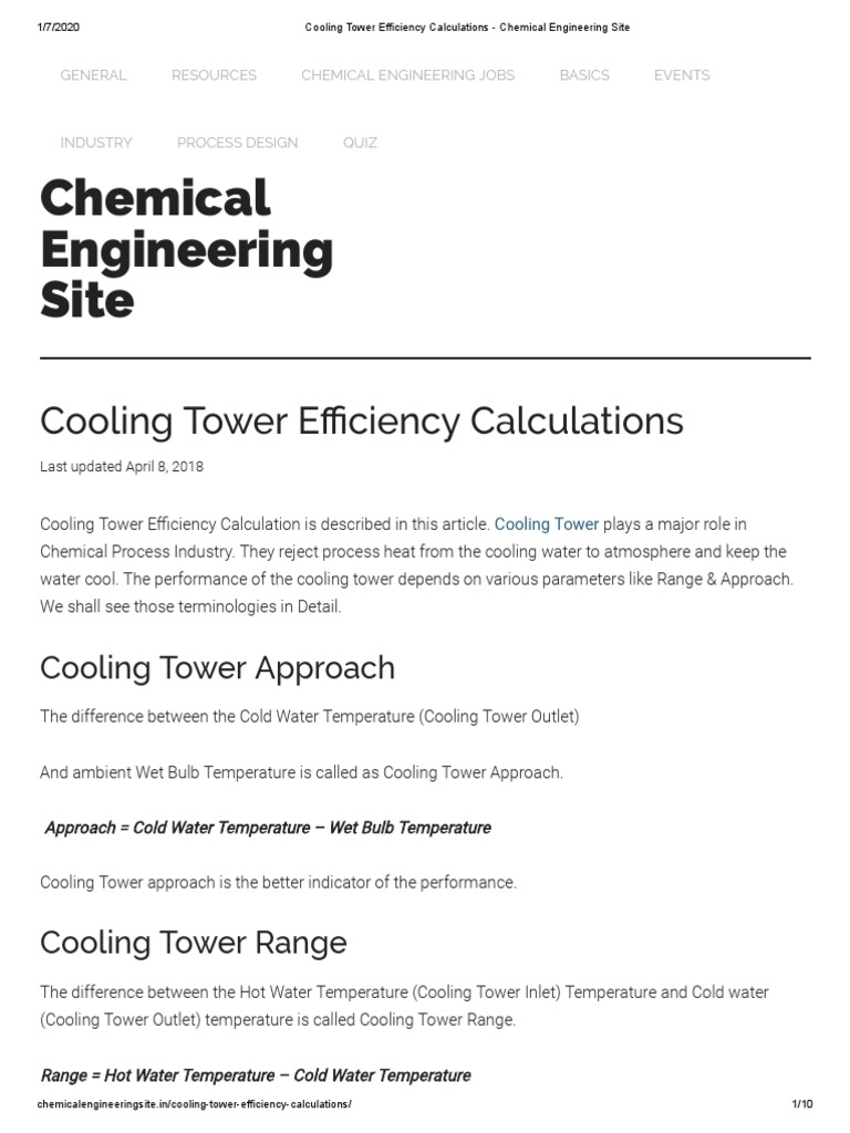 Cooling Tower Efficiency Calculations Chemical Engineering Site PDF Heat Transfer Water