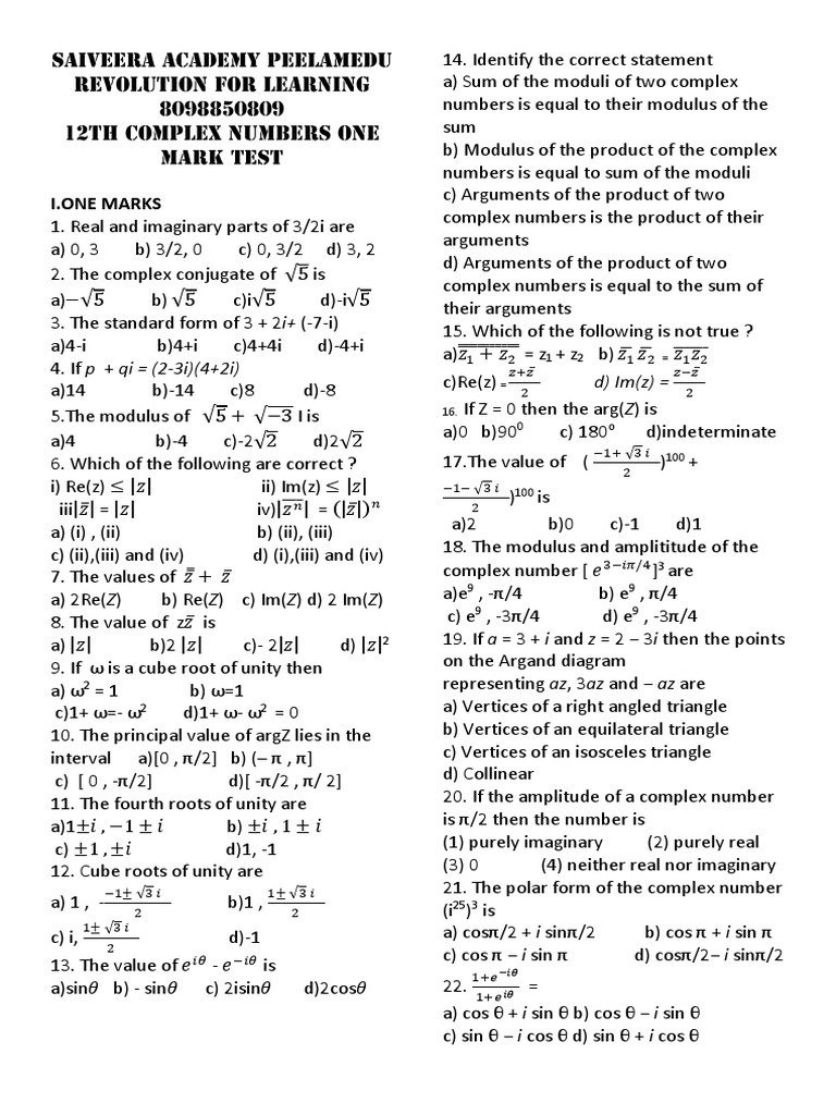Complex Numbers MCQs and Solutions | PDF | Complex Number | Triangle