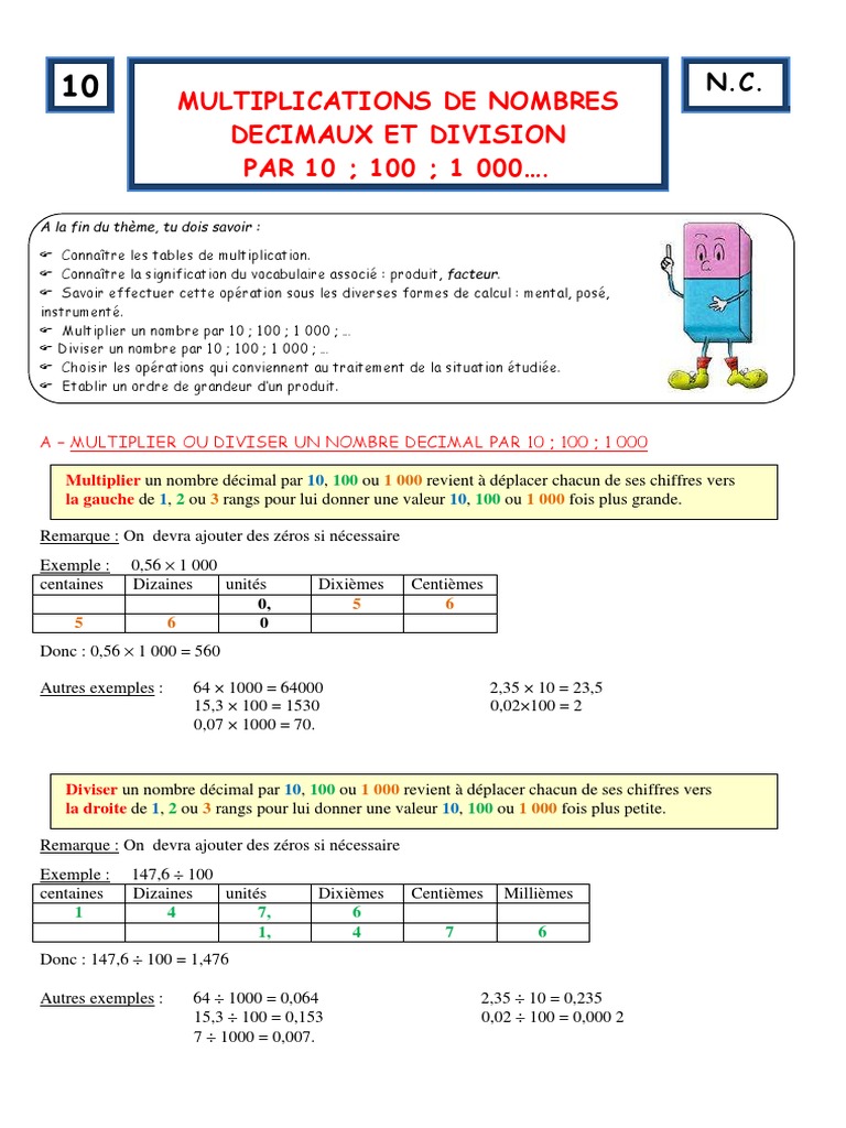 Multiplier Par 10 100 Ou 1000 Cm1 6 Cours10 | PDF | Multiplication | Division