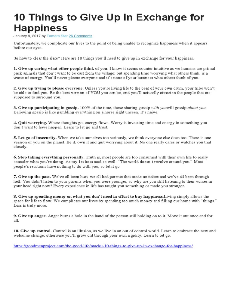 10 Things To Give Up in Exchange For Happiness | PDF | Self-Improvement ...