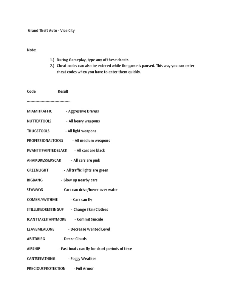 Gta Vice City Cheats PDF