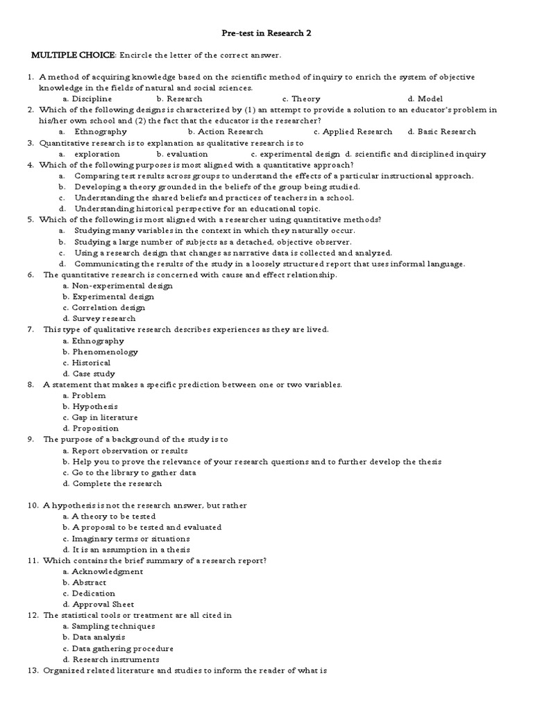 Pre-Test Questionnaire in Quantitative Research | PDF | Scientific ...