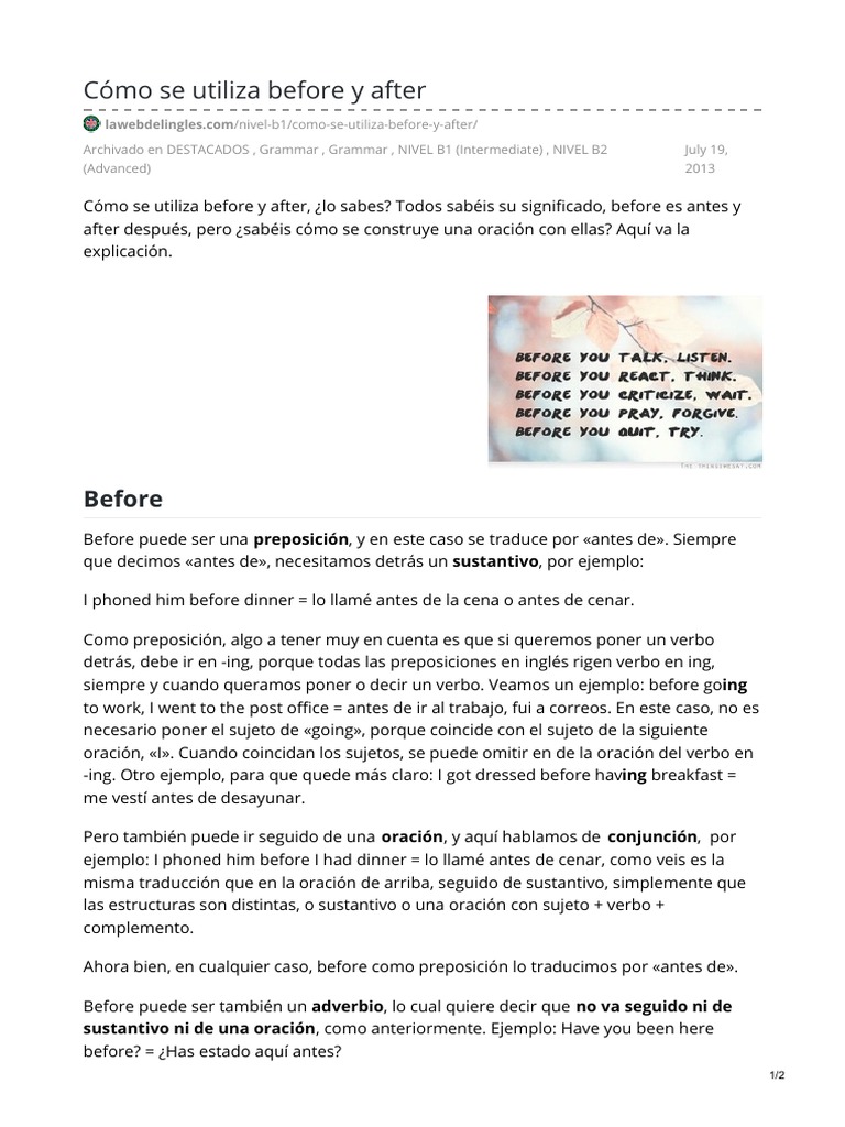 Cómo utilizar correctamente before y after en inglés | PDF | Asunto ...
