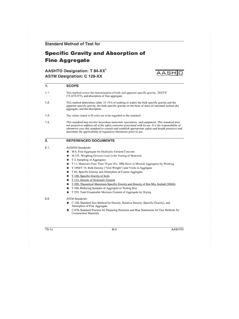 AASHTO T-84 Specific Gravity and Absorption of Fine Aggregate PDF | PDF