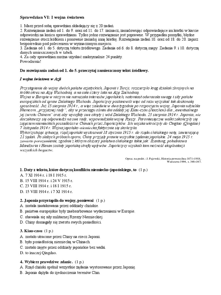 1 Wojna światowa Test Klasa 7