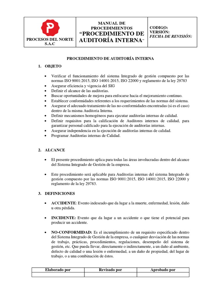 Procedimiento de Auditoría Interna ISO 9001 | PDF | Auditoría | Contralor