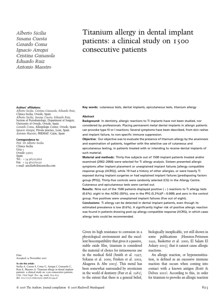 Titanium Allergy in Dental Implant Patients A Clinical Study On 1500