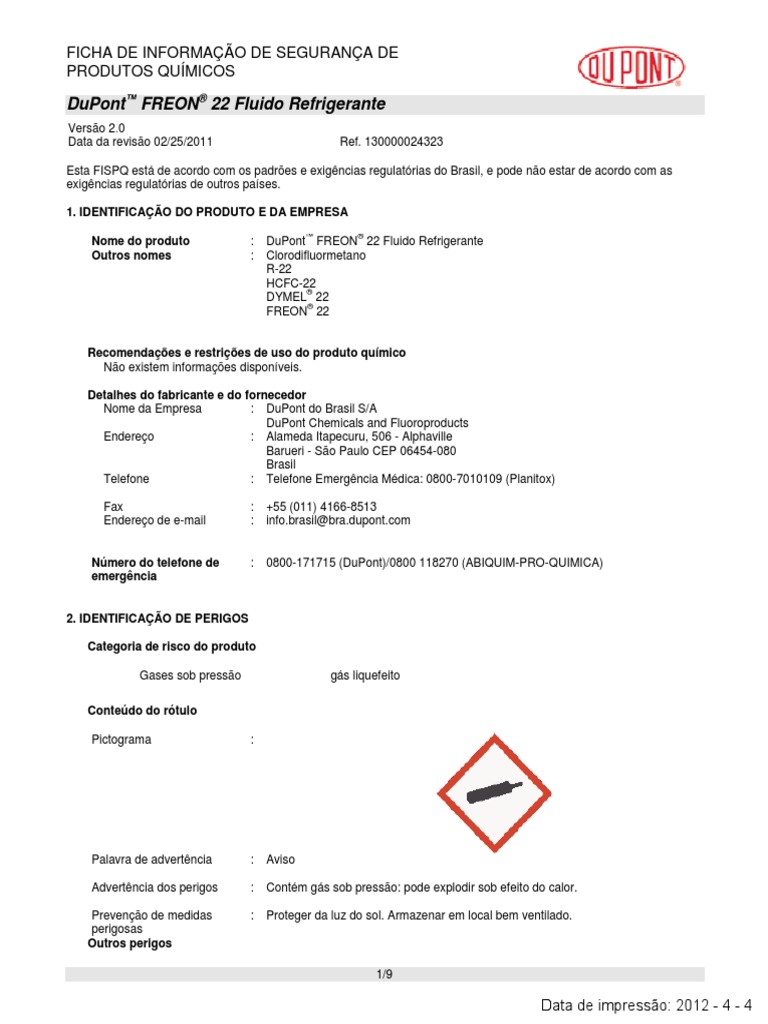 Gas Refrigerante Dupont r22 | PDF | Oxigênio | Primeiros socorros