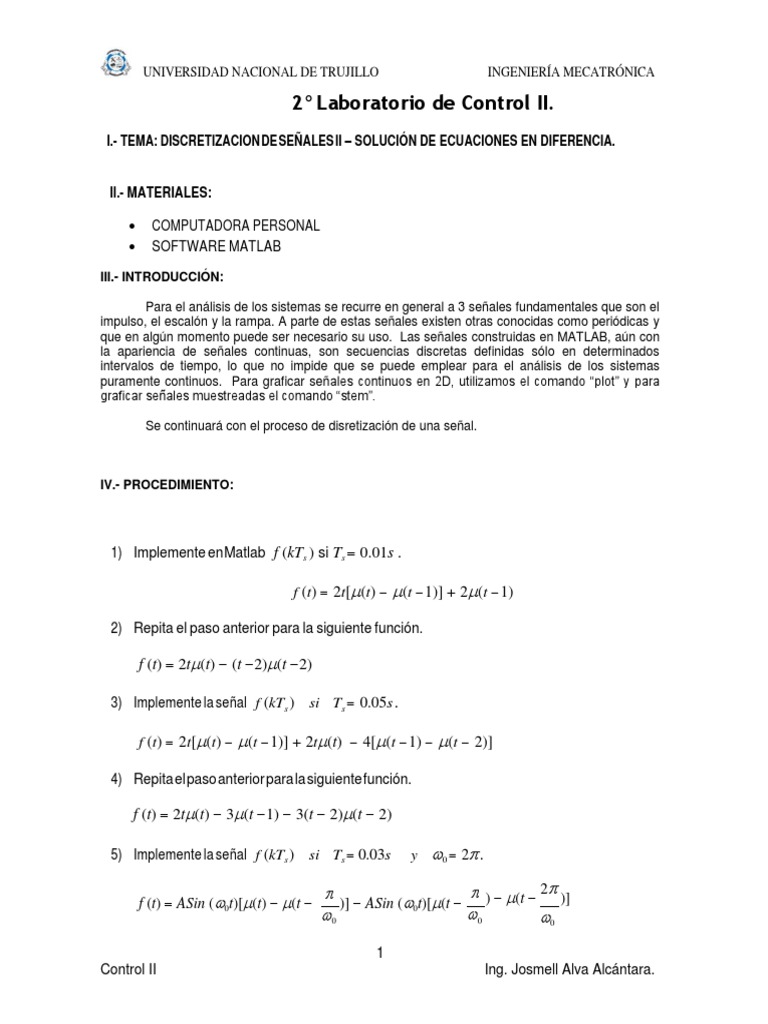 Lab2 de Control II Discretización II - Sol. Ec. Diferencia - 2019 PDF ...