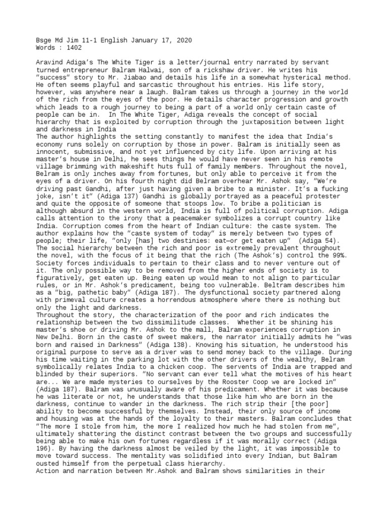 The White Tiger Analysis PDF