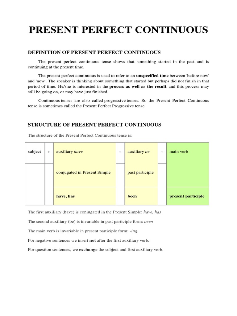 Present Perfect Continuous | PDF | Perfect (Grammar) | Grammatical Tense
