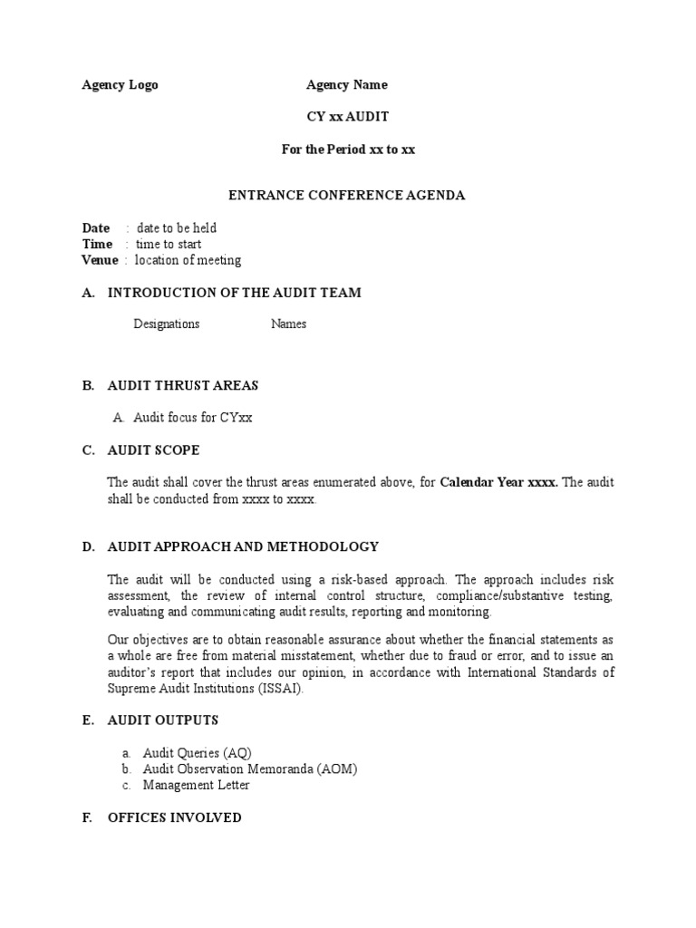 Entrance Conference Agenda Template Audit Team PDF Internal