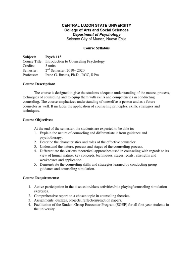 Syllabus Counselling Psychology PDF Counseling Psychology