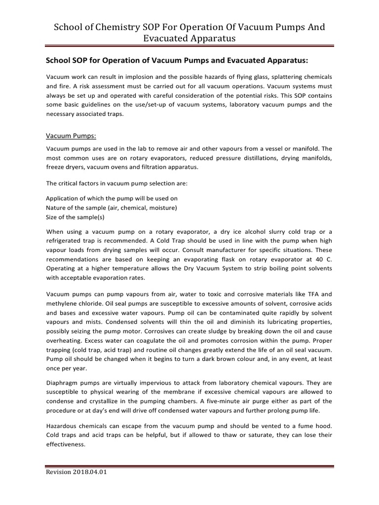 School of Chemistry SOP For Operation of Vacuum Pumps and Evacuated Apparatus V18.04 PDF