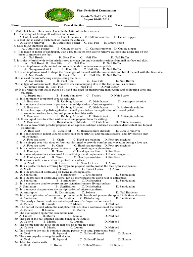 Beauty Care Test Questionnaire PDF Nail (Anatomy) Disinfectant