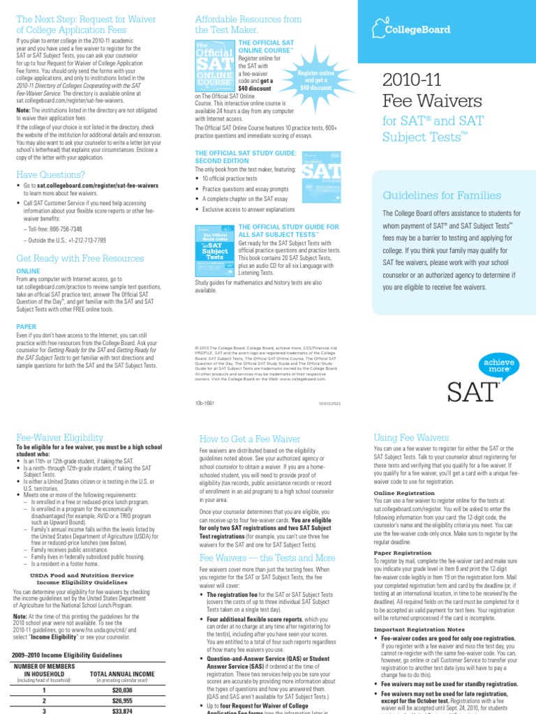 Sat Fee Waivers Guidelines For Students PDF Sat Fee