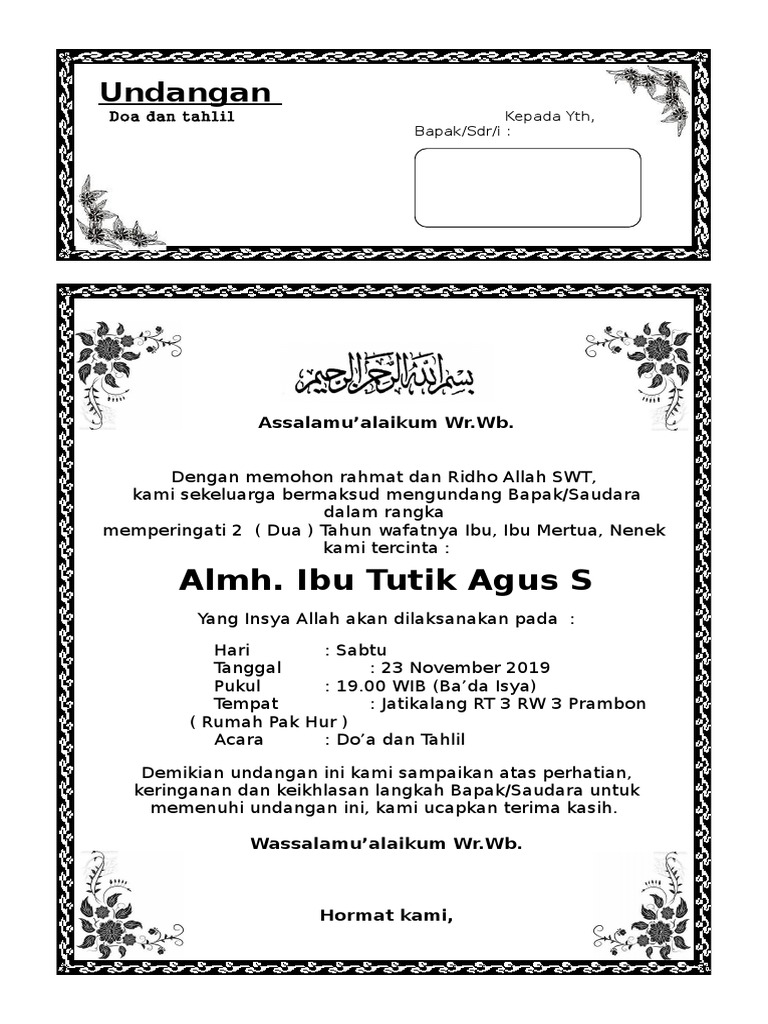 Contoh Surat Undangan Tahlil 40, 100, 1000 Hari (Haul) New | PDF