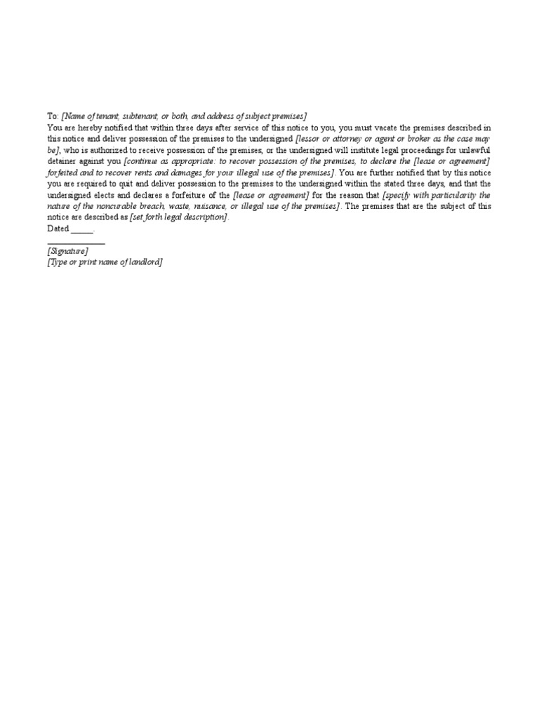 Three day notice to vacate when no cure possible code civ proc 1161 pdf