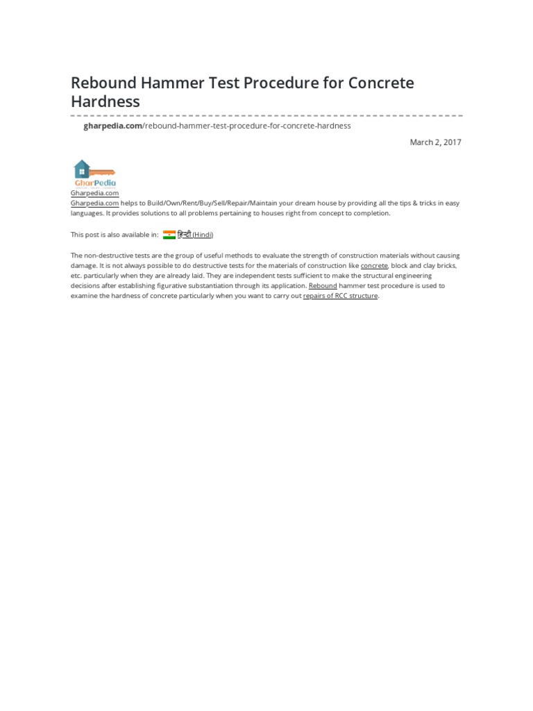 Rebound Hammer Test Procedure For Concrete Hardness PDF Hammer