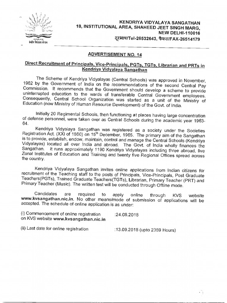 KVS PGT TGT PRT Teacher 2018 Long Notification PDF | PDF