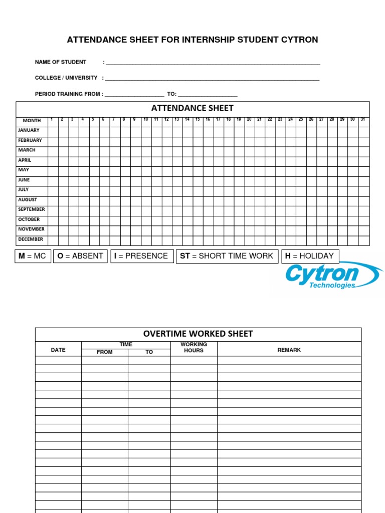 Attendance sheet for internship student cytron pdf