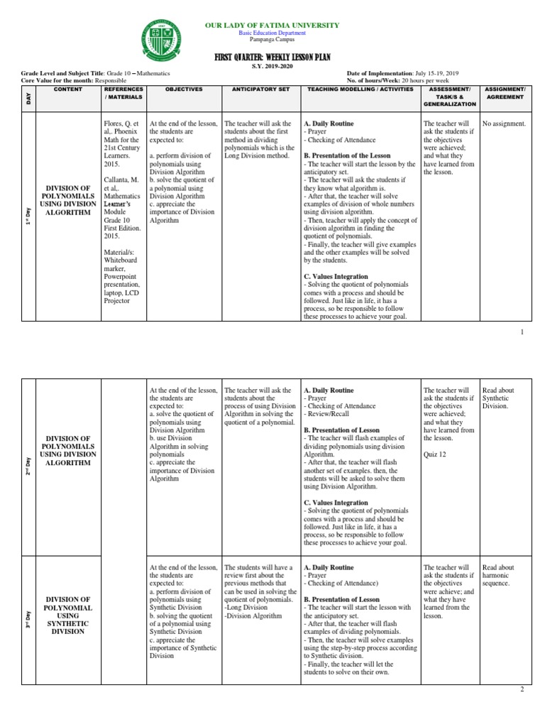 Grade 10 Math Weekly Lesson Plan | PDF | Polynomial | Teachers