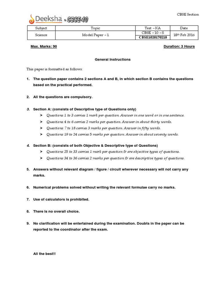 01-CBSE10 Model Paper-1 Science - Questions PDF | PDF | Question ...
