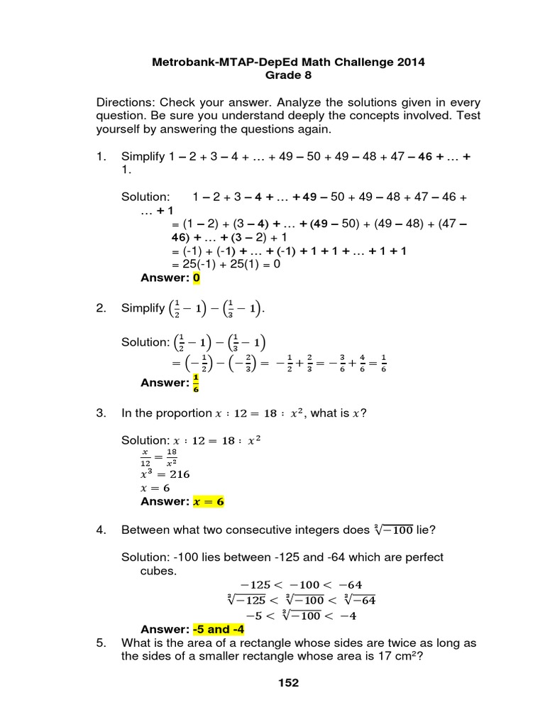 Grade 8 Math Challenge Solutions | PDF | Triangle | Area