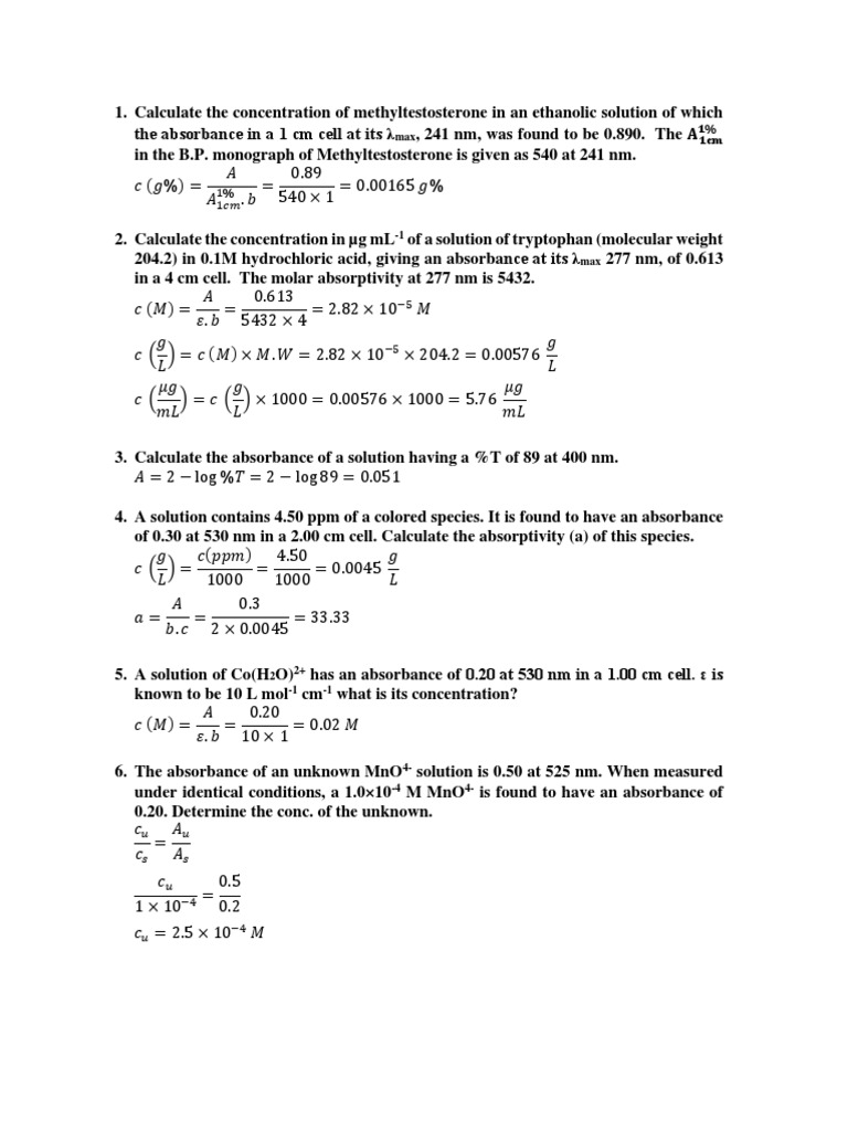 Beer Lambert Law Problems Detailed Model Answer PDF PDF Absorbance