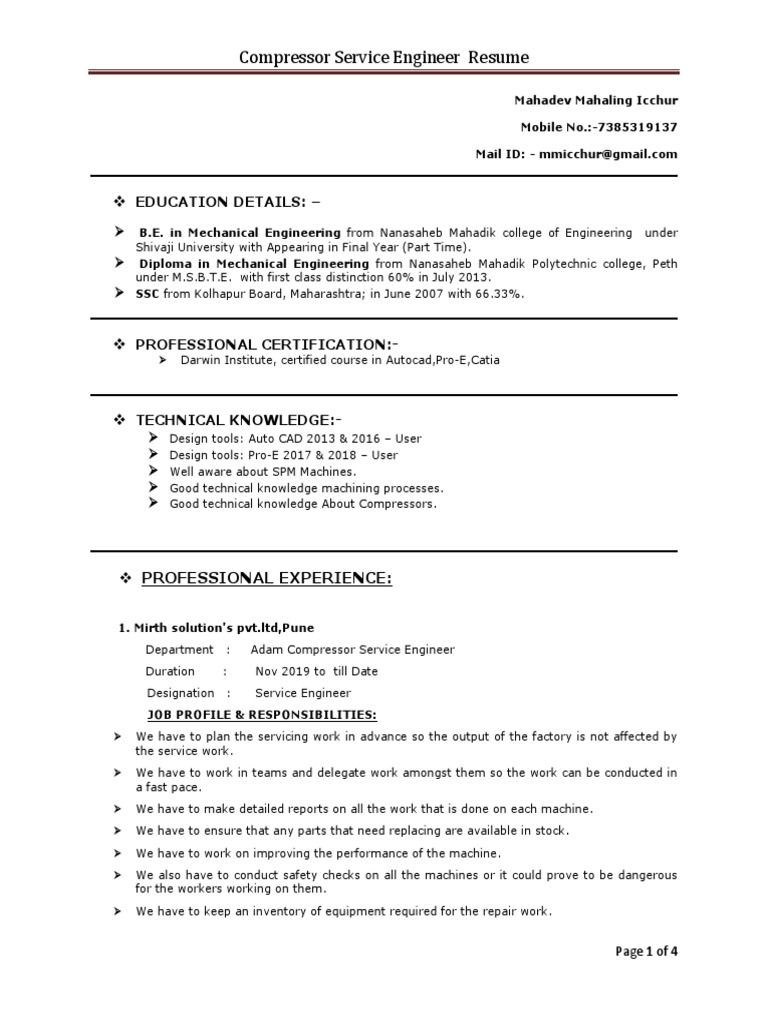 Compressor Service Engineer Duties | PDF | Machines | Engineering