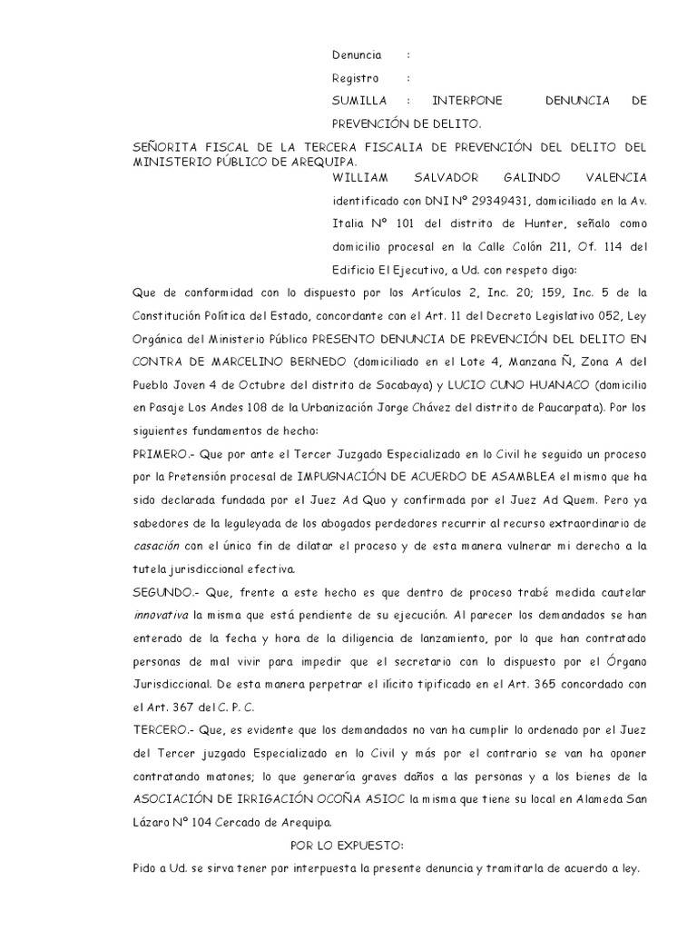 Denuncia de Prevención Del Delito | PDF | Ley procesal | Virtud