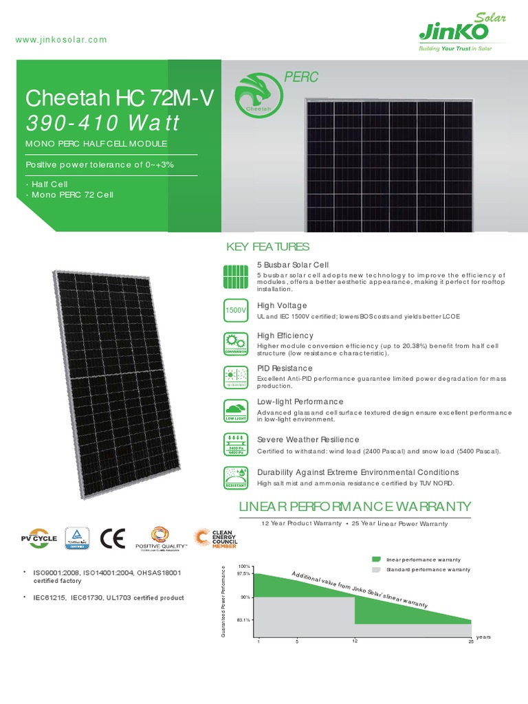 Jinko Solar 400W Mono PERC Datasheet | PDF | Solar Cell | Energy