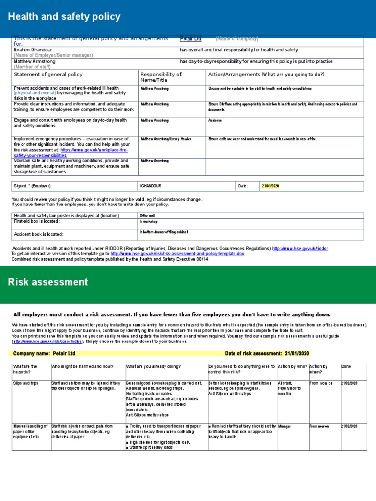 Risk Assessment and Policy Template | PDF | Occupational Safety And