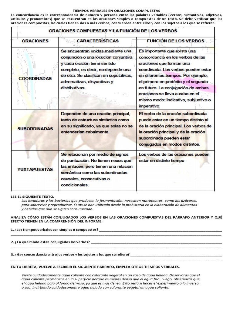 Tiempos Verbales en Oraciones Compuestas | PDF | Artes del Lenguaje y ...
