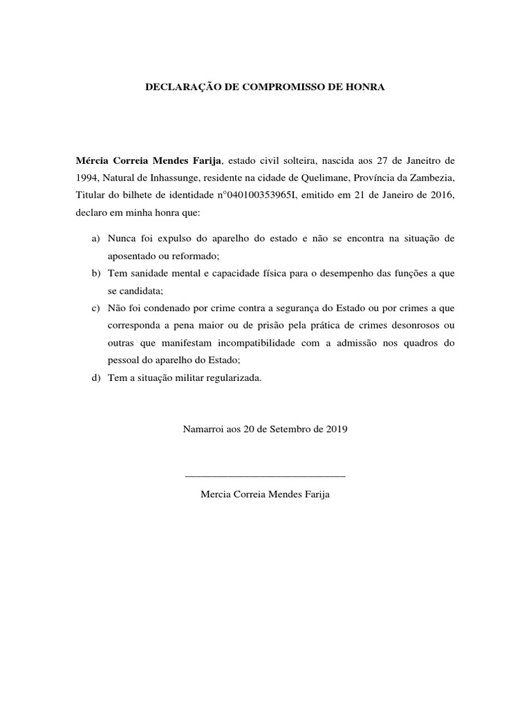 Declaração de Compromisso de Honra | PDF