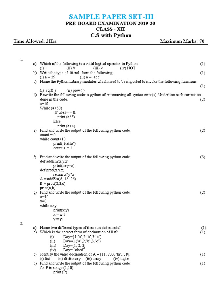 Python Pre-Board Exam Paper Class XII | PDF | Sql | Data Management