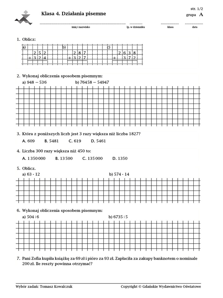 Matematyka Z Plusem Klasa 4 Sprawdziany Dzialania Pisemne