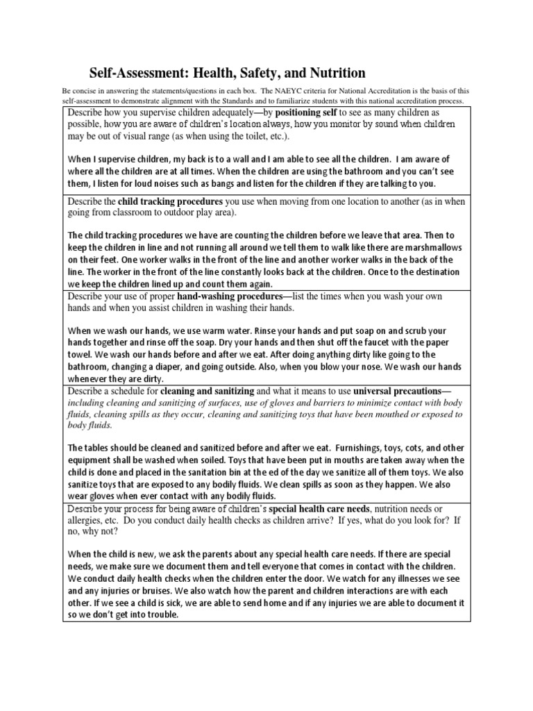 SelfAssessment Health Safety and Nutrition 1 PDF Bathroom Hygiene