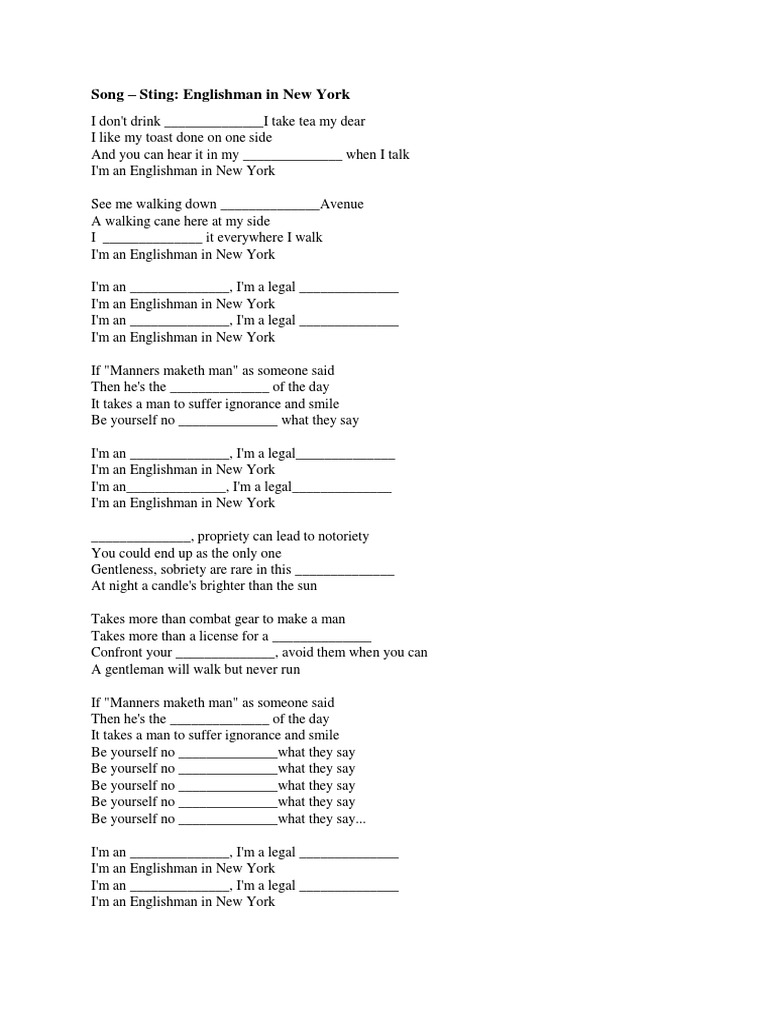 Song Sting Englishman in New York PDF Songs Written Singles