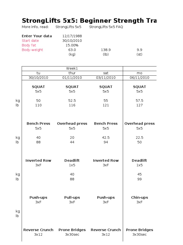 StrongLifts 5x5 Beginner Program Guide | PDF | Strength Training ...