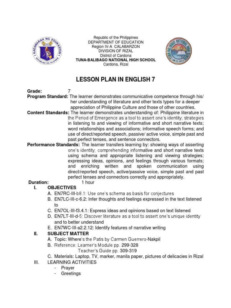 Localized English Lesson Plan for Grade 7 | PDF | English Language ...