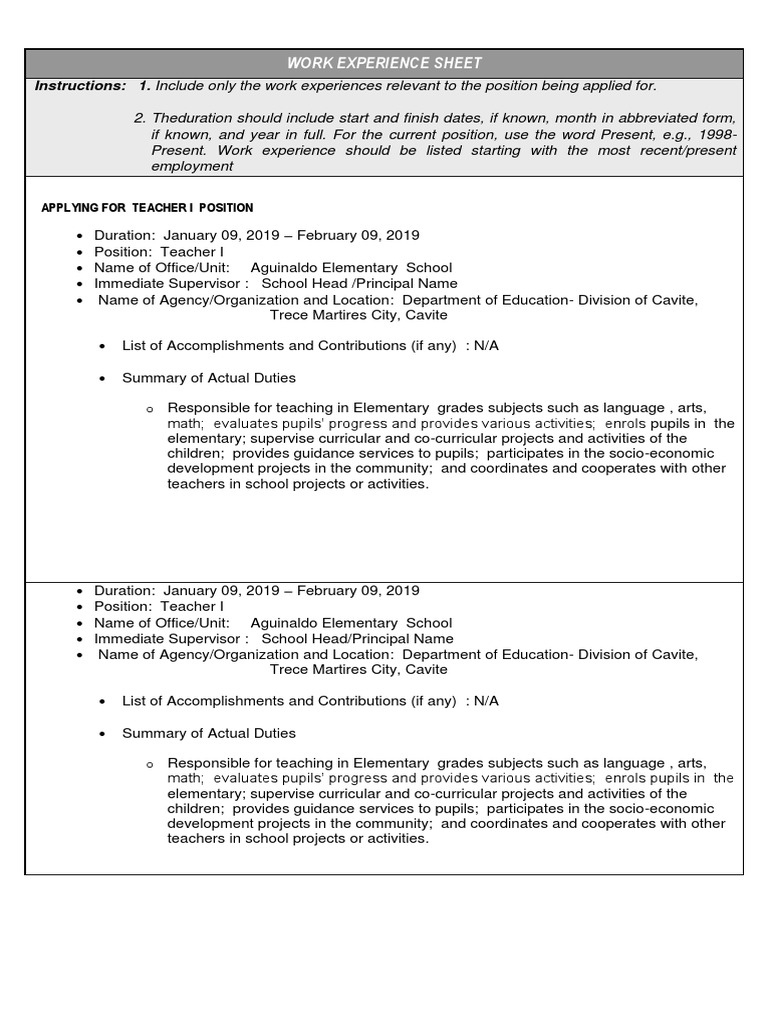 Teacher I Work Experience Summary | PDF | Behavior Modification | Cognition