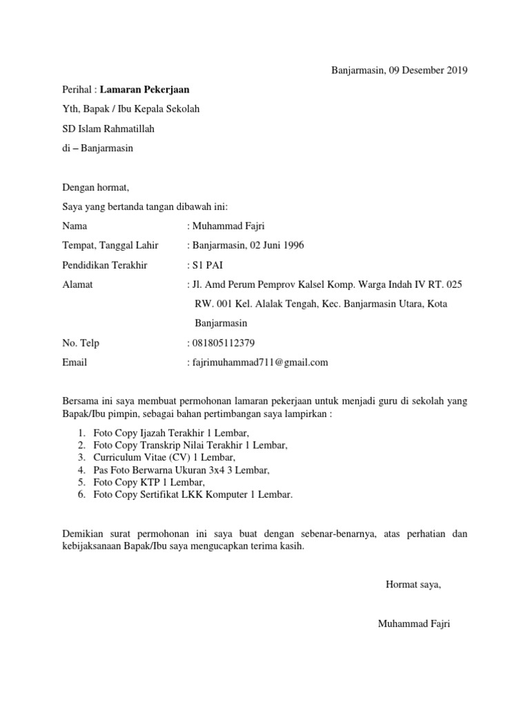 Contoh Surat Lamaran Mengajar Di Sekolah | PDF