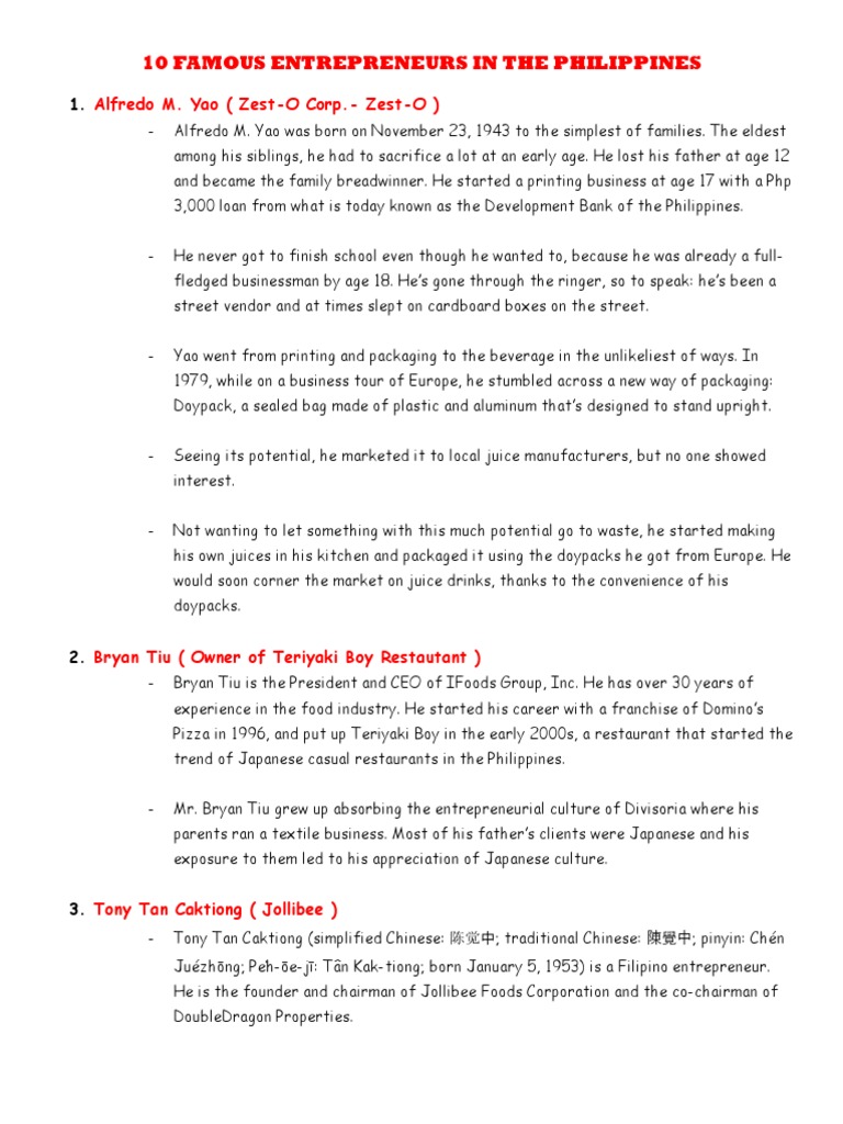 Profiles of Successful Filipino Entrepreneurs and the Companies They