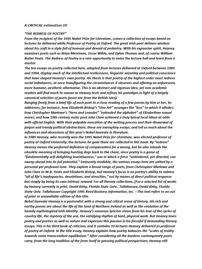 A CRITICAL Estimation OF Redress of Poetry | PDF | English Literature ...