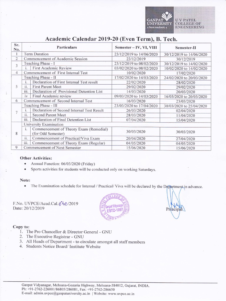 UVPCE B.Tech. Academic Calendar Even Term 201920 20.12.2019 PDF