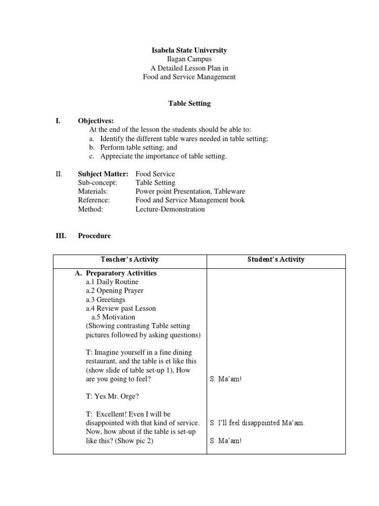Table Setting Lesson Plan | PDF | Tableware | Domestic Implements