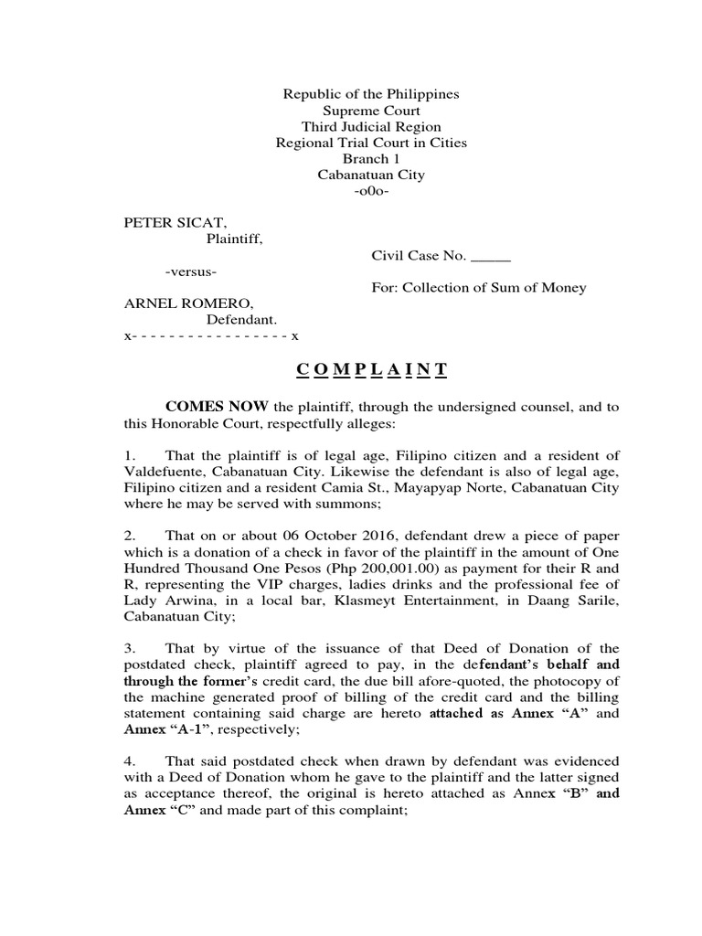 Complaint For Collection of A Sum of Money | PDF | Lawsuit | Complaint