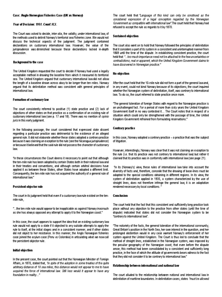 Anglo Norwegian Fisheries Case Pdf International Law Territorial