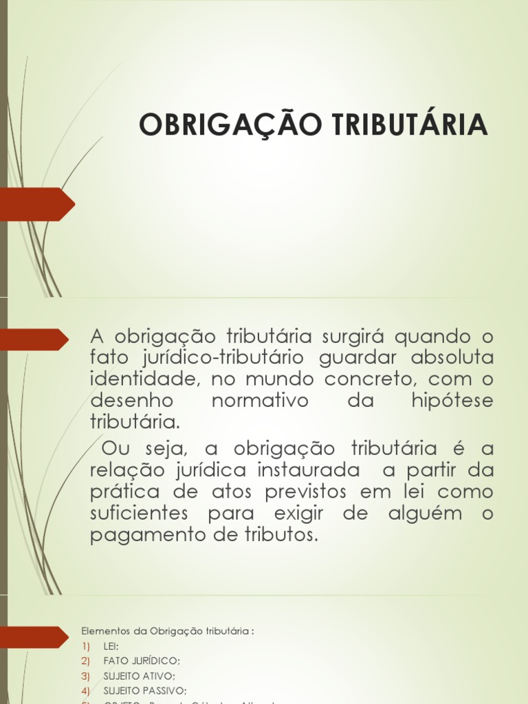 Obrigação Tributária | PDF | Taxa de imposto | Lei das Obrigações